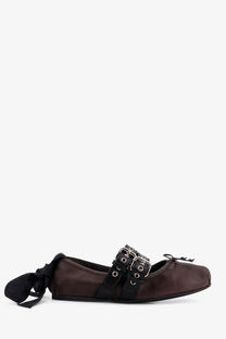 Miu Miu women’s dark brown leather ballet flat with black straps and silver-toned buckles gold edition