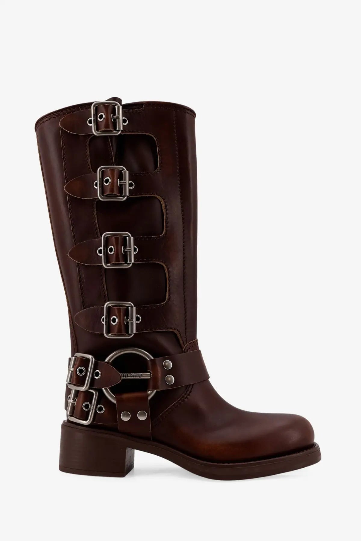 Miu Miu women’s dark brown leather knee-high boots with multiple silver buckles and a chunky heel