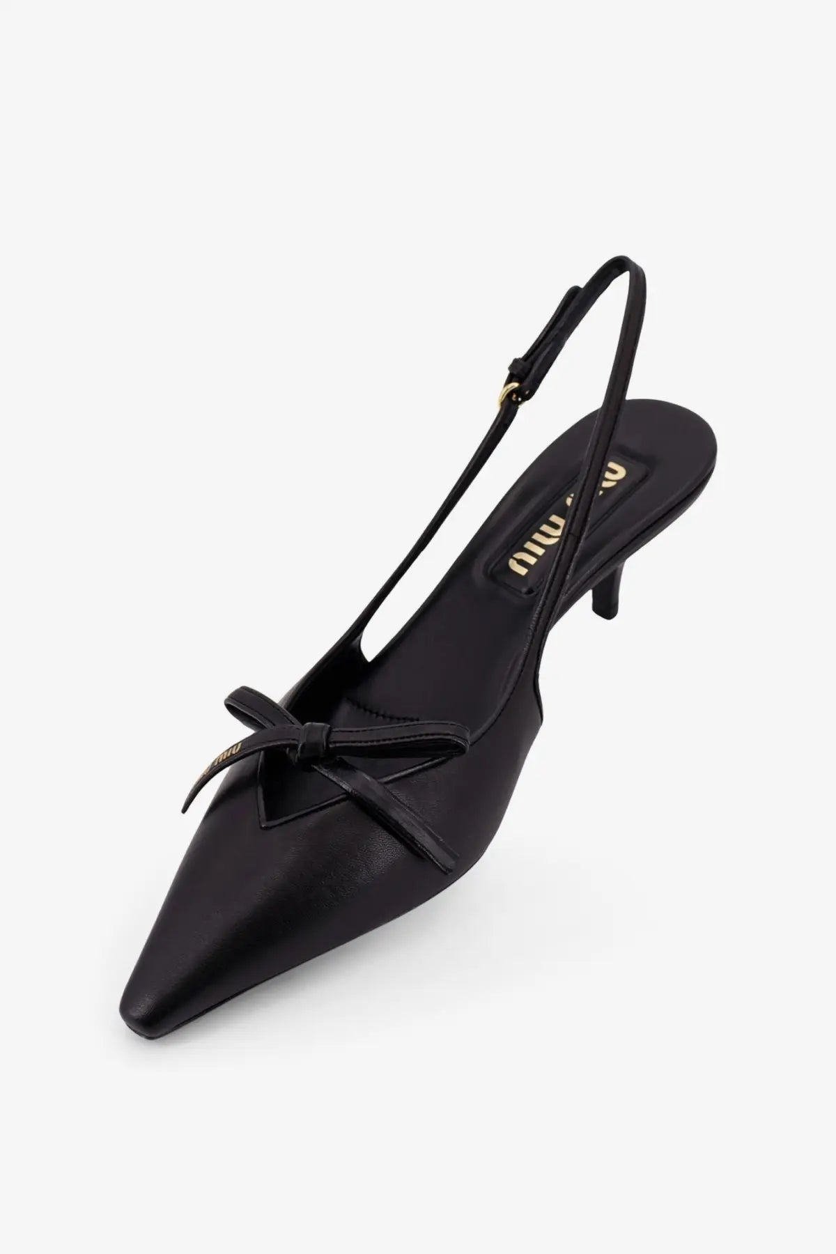Black miu miu women’s leather slingback pump with pointed toe and decorative bow at the front