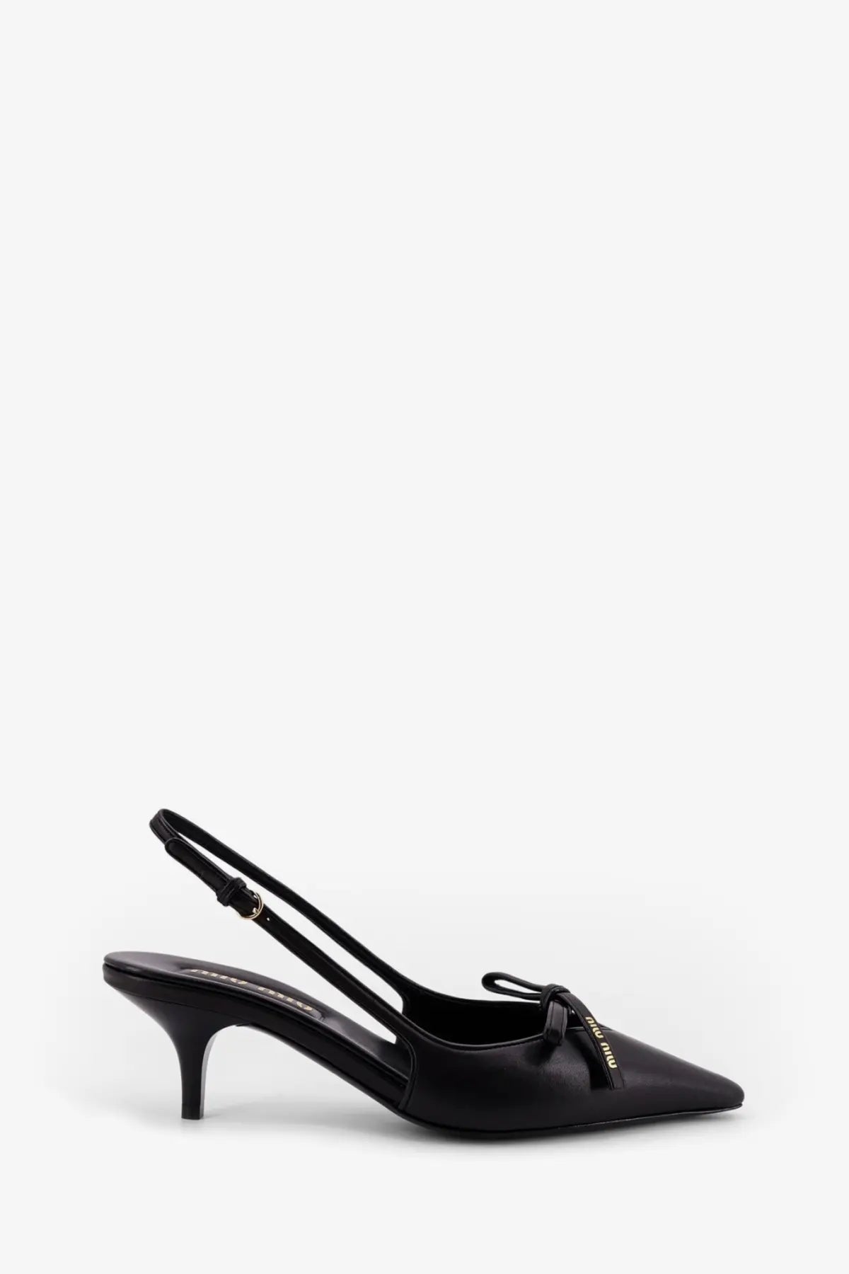 Miu Miu women’s black leather slingback pump with pointed toe and small bow detail at the front