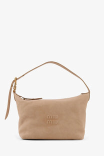 Beige suede miu miu shoulder bag with gold-tone hardware and embossed logo for women’s leather pouch handbag