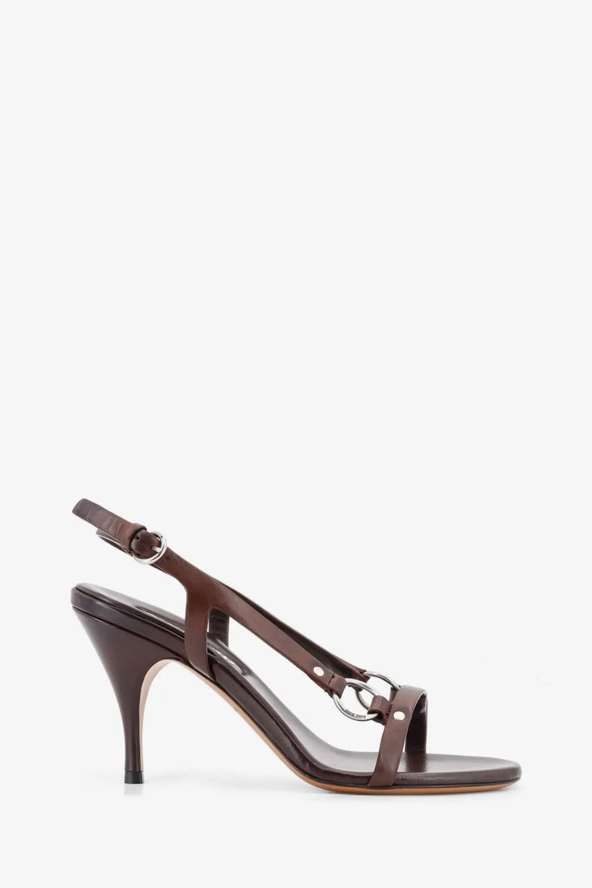 Miu Miu women’s brown leather slingback sandals with slender heel and silver-toned metal ring accents