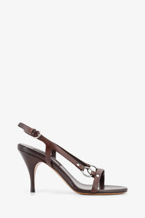 Miu Miu women’s brown leather slingback sandals with slender heel and silver-toned metal ring accents
