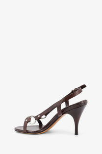 Miu Miu women’s brown leather strappy sandals with slender heel and silver ring detail