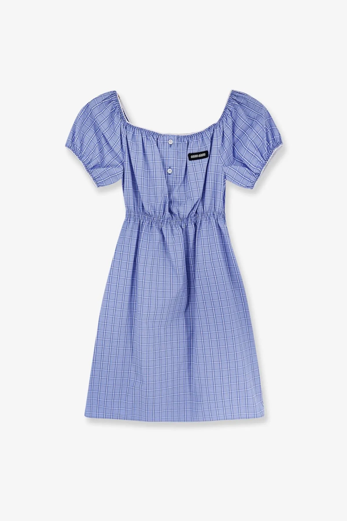 Miu Miu women’s madras cotton mini dress in blue with white checkered pattern and puffed off-the-shoulder sleeves