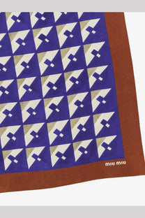 Miu Miu women’s multicolor silk scarf with bold navy blue cream beige geometric triangles and rust border