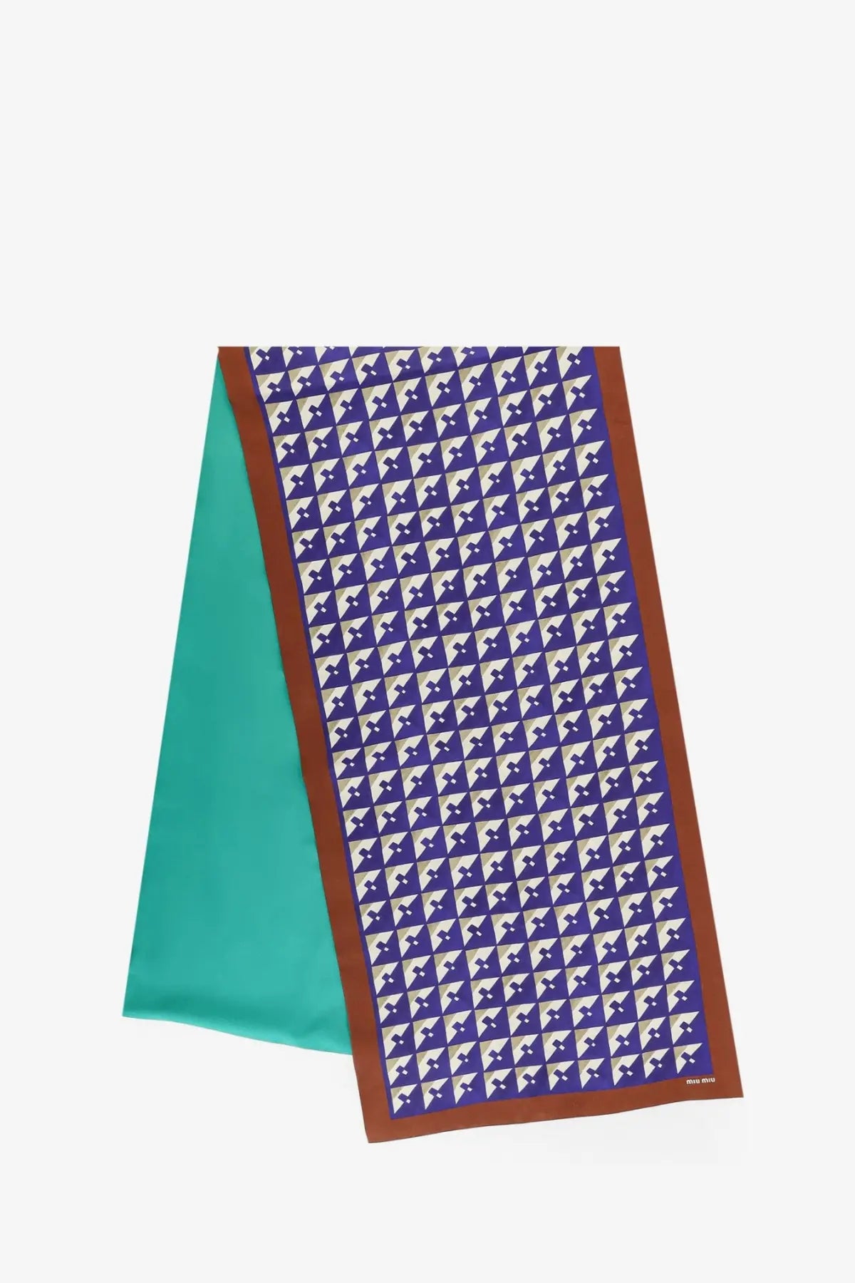 Miu miu women’s multicolor silk scarf in teal and deep purple with geometric triangle pattern and brown trim