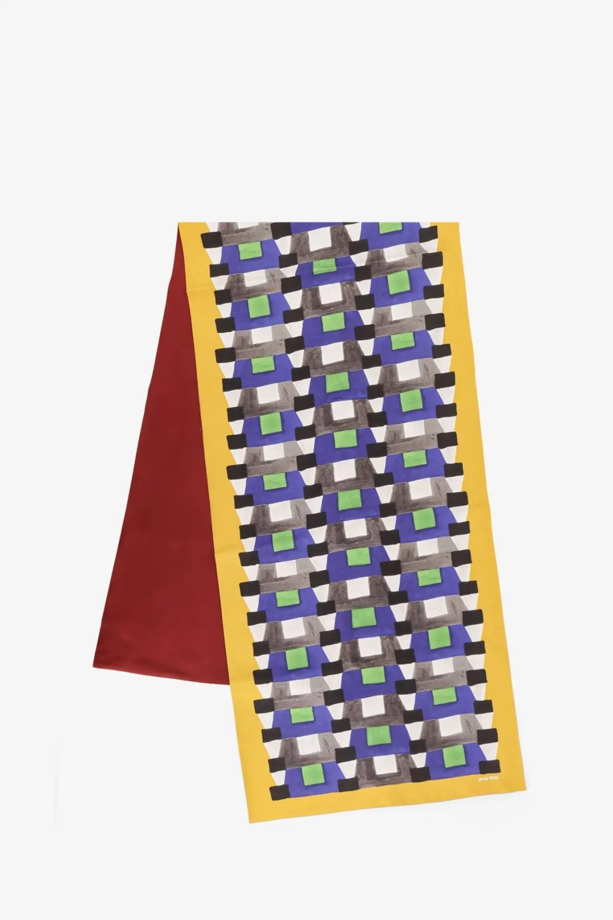 Miu Miu women’s multicolored silk scarf with a vibrant yellow border and bold geometric blue green and gray pattern on white