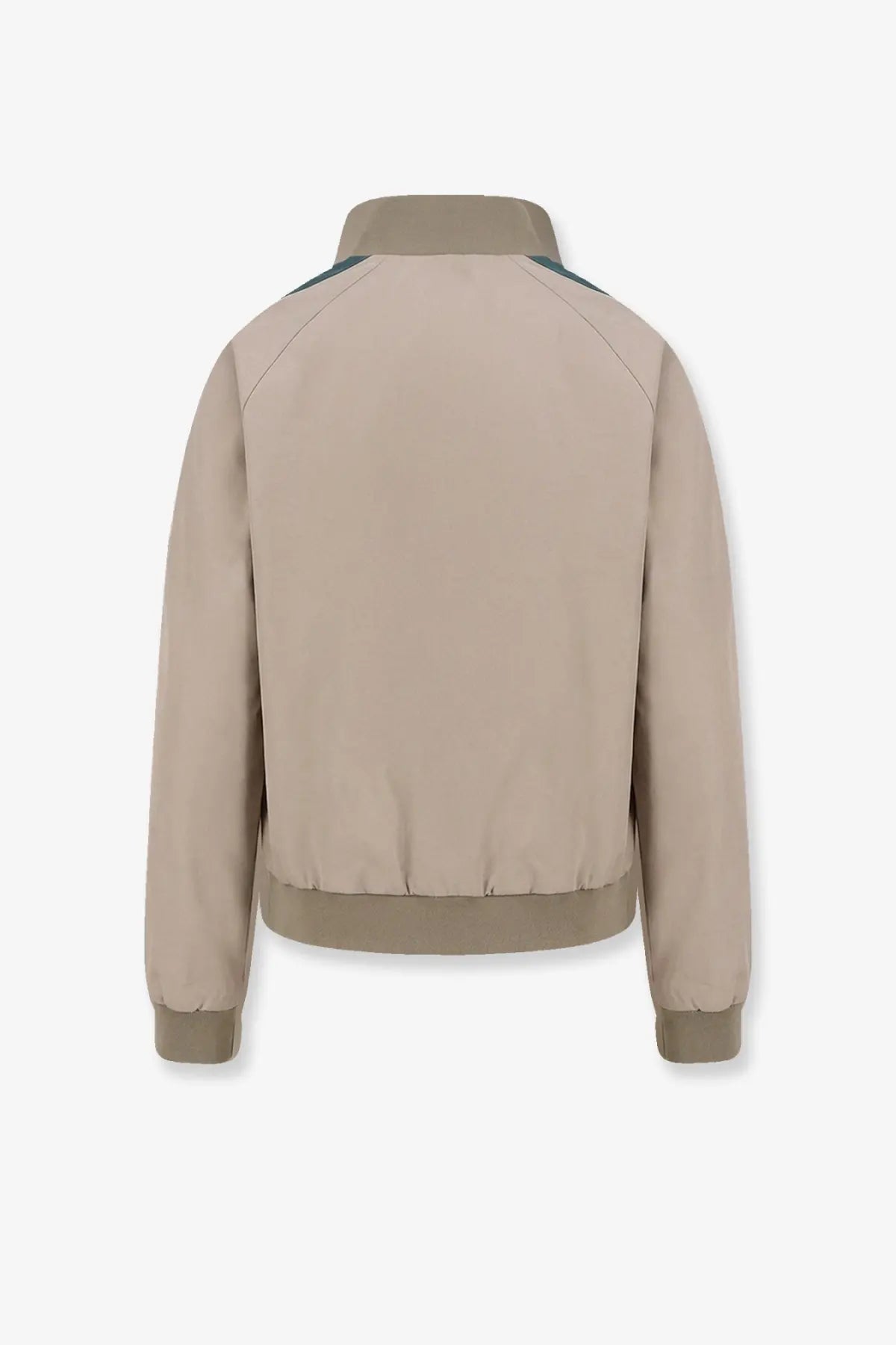 Beige miu miu womens old twill bomber jacket with dark green shoulder panels and ribbed cuffs