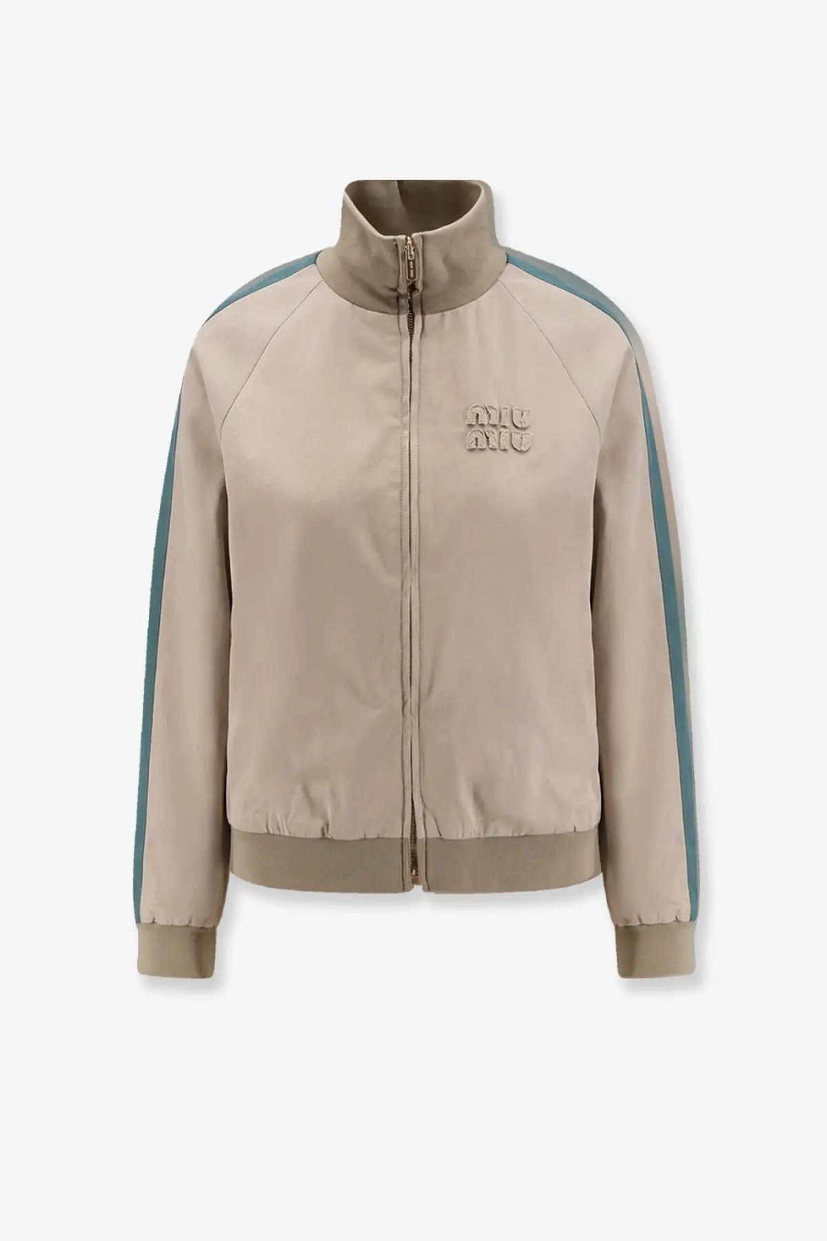 Miu Miu women’s beige old twill track jacket with teal side stripes and matching logo patch on chest