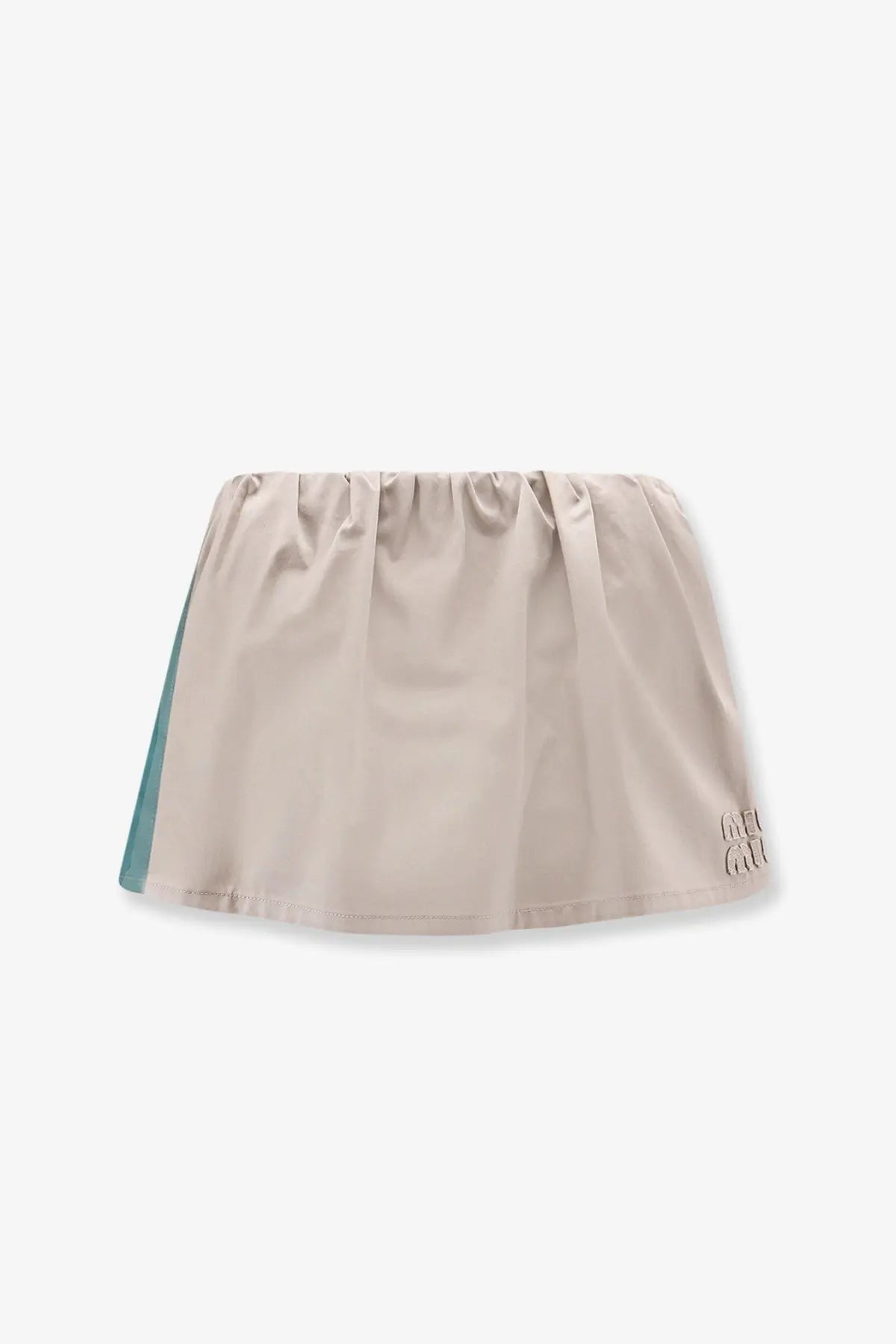 Miu Miu women’s old twill mini skirt green with beige pleats and teal side panel featuring subtle brand logo