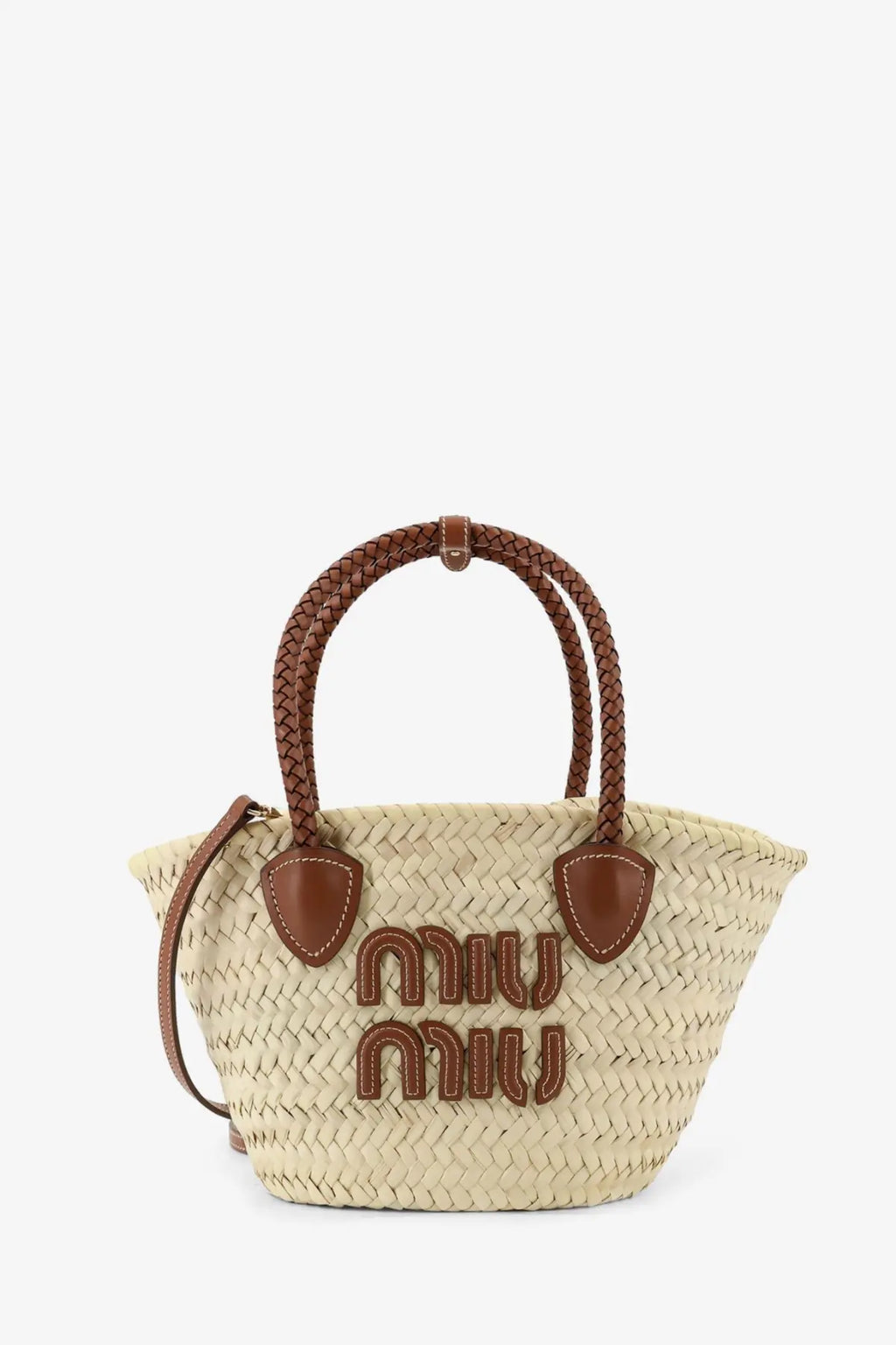 Beige woven straw tote bag with brown leather braided handles and contrasting logo patches miu miu women’s palmito handbag white