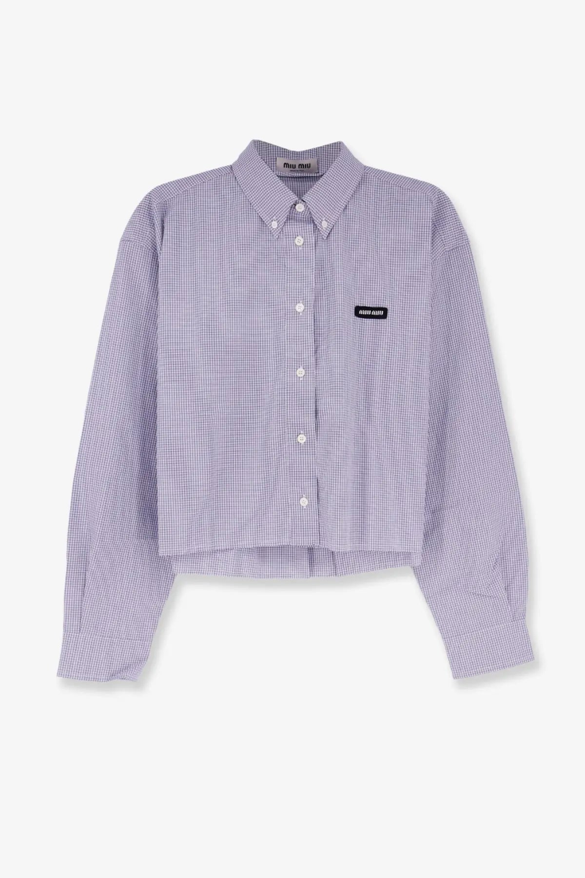 A lavender and white checkered long-sleeved cotton button-up shirt by Miu Miu with a black chest brand patch