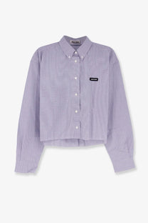 A lavender and white checkered long-sleeved cotton button-up shirt by Miu Miu with a black chest brand patch