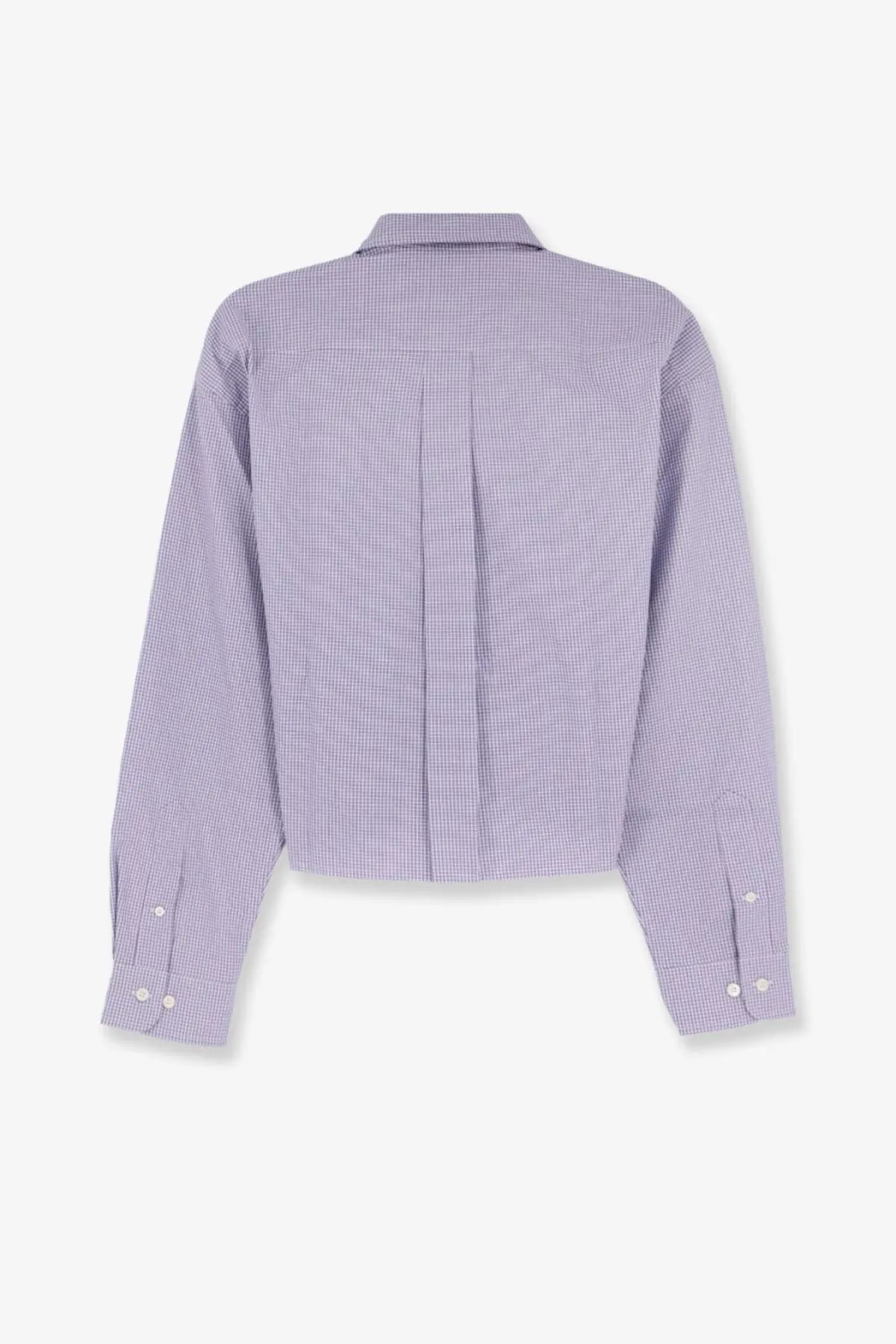 Miu Miu women’s pin check cotton shirt blue with lavender and white gingham pattern and classic collar long sleeves