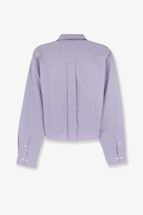 Miu Miu women’s pin check cotton shirt blue with lavender and white gingham pattern and classic collar long sleeves