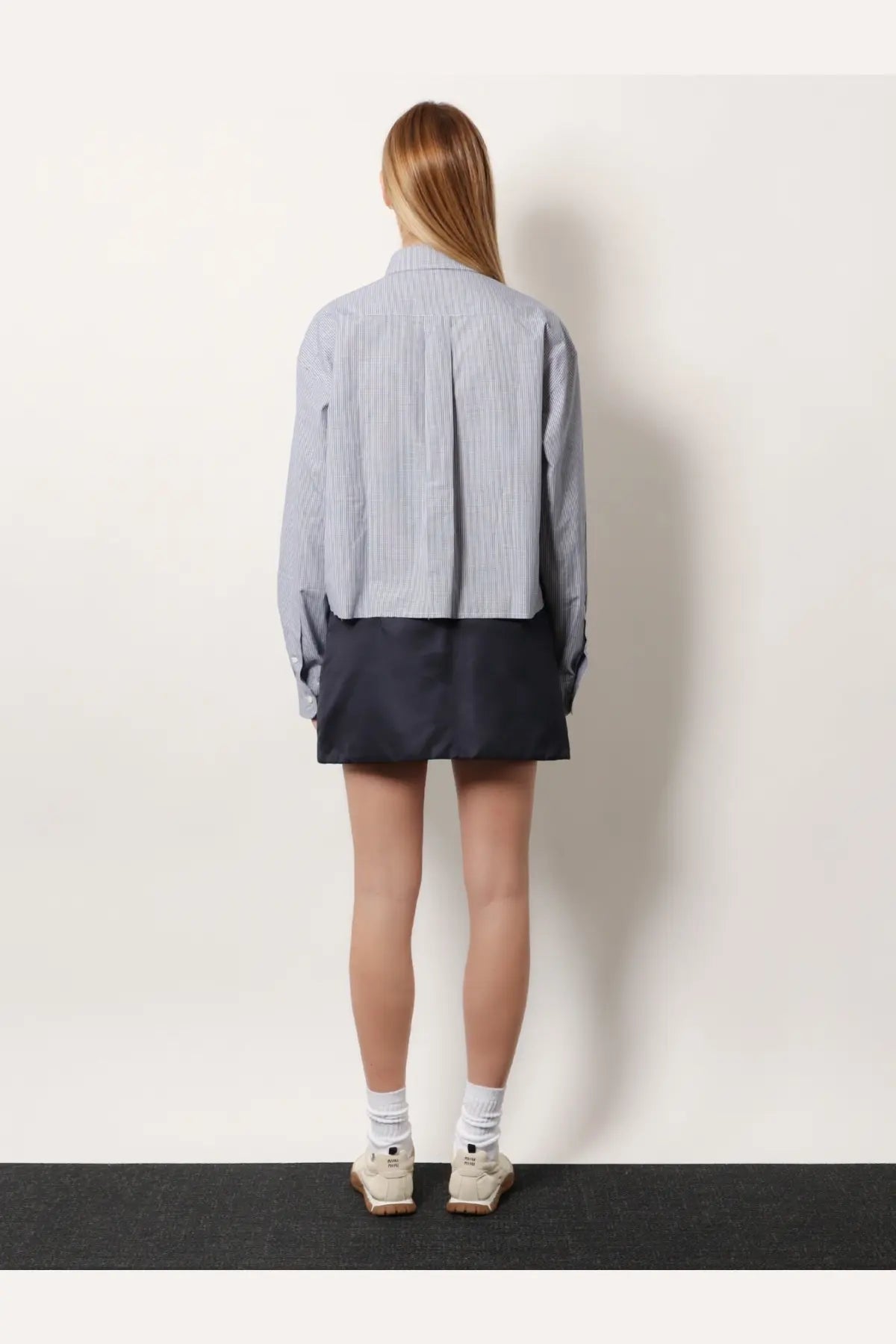 Miu Miu women’s pin check cotton shirt blue with light blue and white vertical stripes and long sleeves