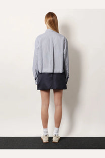 Miu Miu women’s pin check cotton shirt blue with light blue and white vertical stripes and long sleeves