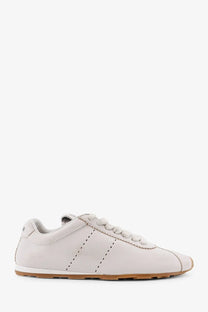 Miu Miu women’s plume leather sneakers in white with minimalist off white leather and tan rubber sole