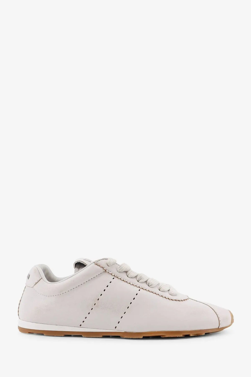 Miu Miu women’s plume leather sneakers in white with off-white leather, dotted stitching, and tan rubber sole