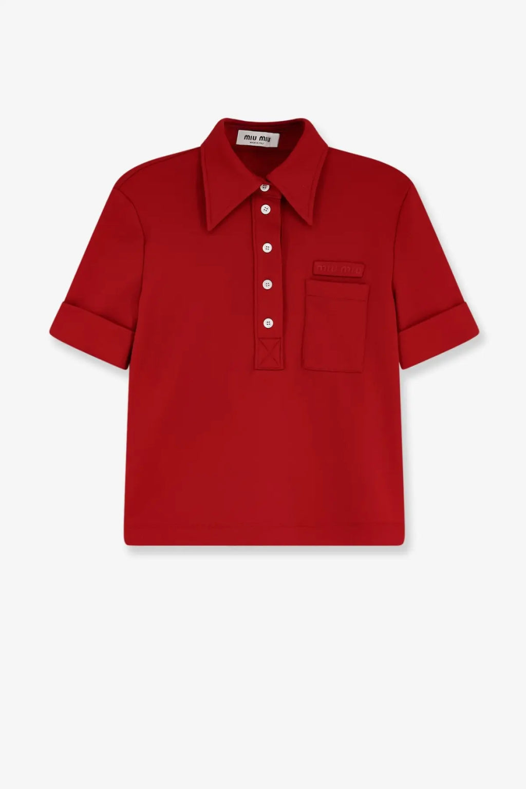 Miu miu women’s red polo shirt with short sleeves white buttons and chest pocket in rubino color