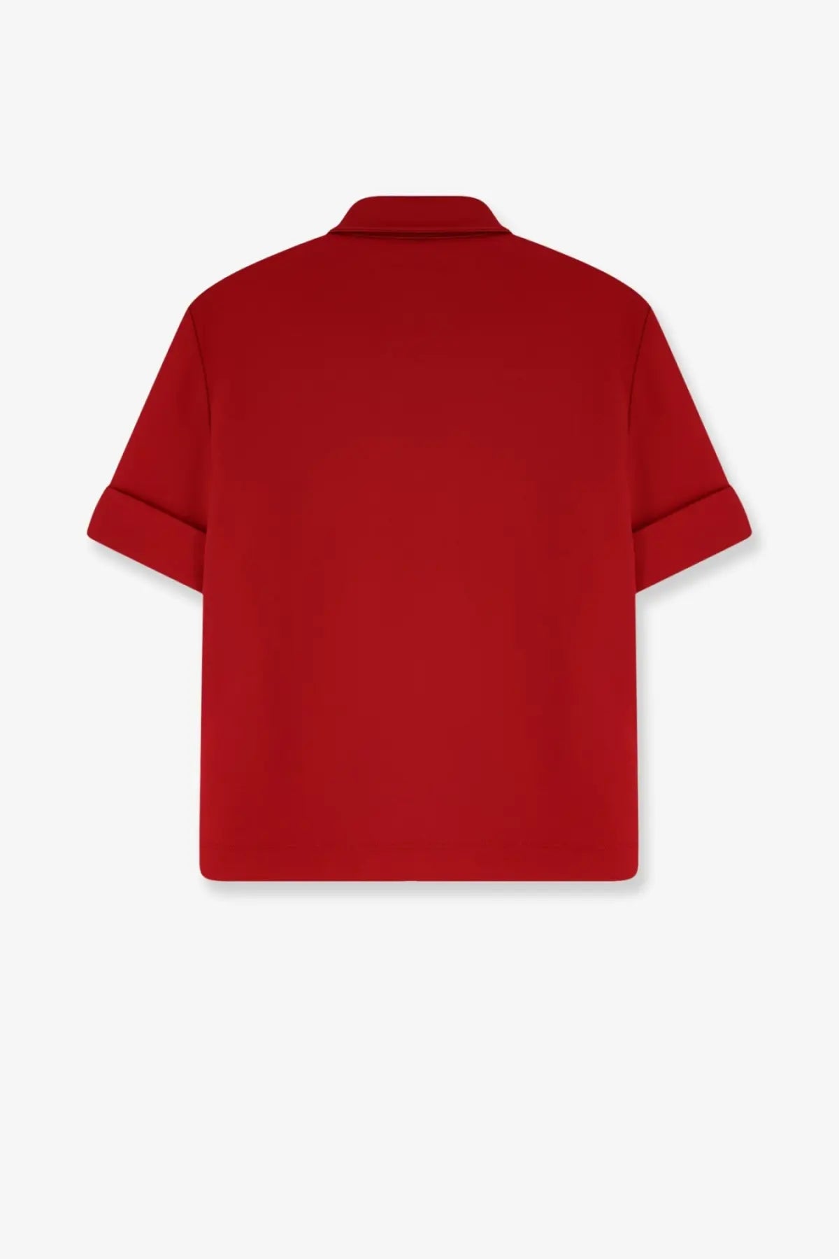 A vibrant red Miu Miu women’s polo shirt with short sleeves classic collar and neatly rolled cuffs