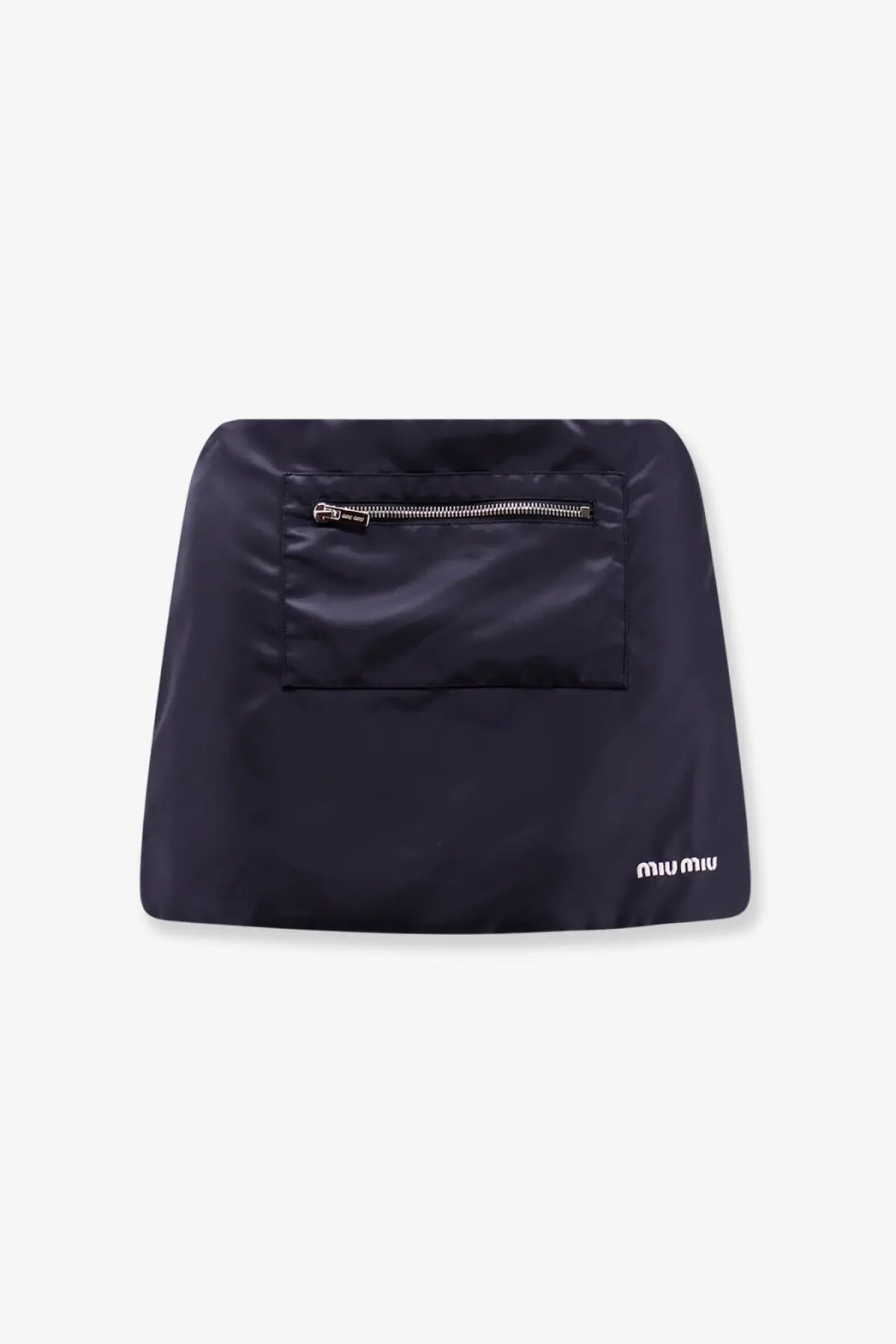 Navy blue nylon mini skirt with front zipper pocket and white miu miu logo made from recycled material