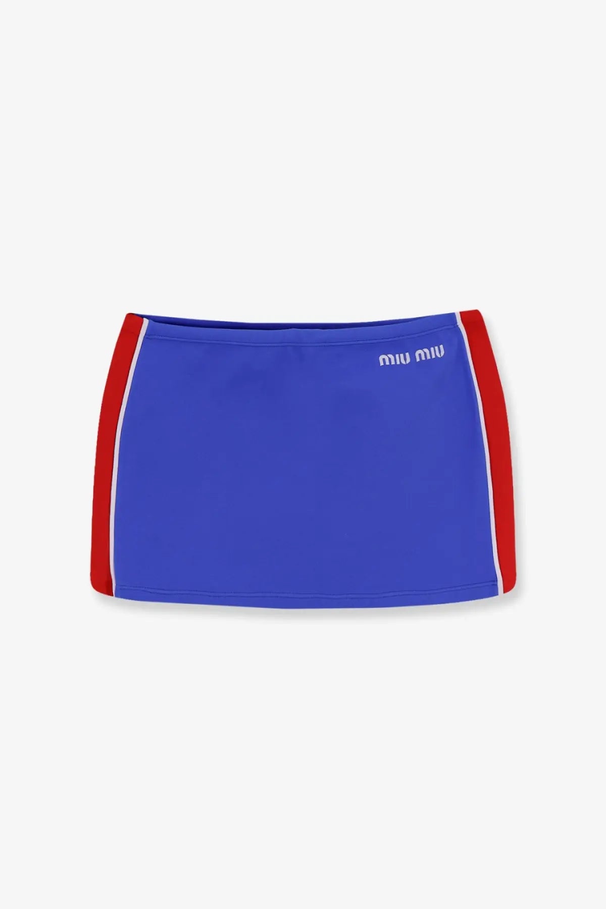 Blue miu miu women’s mini swim skirt made from recycled material with red and white side stripes