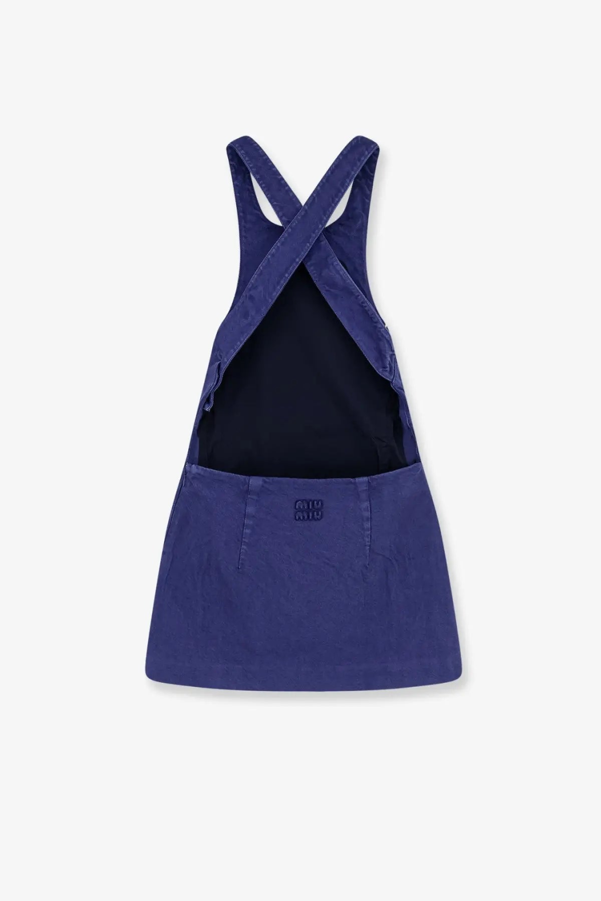 Miu Miu women’s short navy blue denim overall dress with crossed shoulder straps and black inner lining