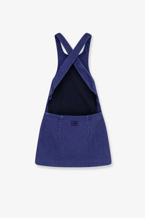 Miu Miu women’s short navy blue denim overall dress with crossed shoulder straps and black inner lining
