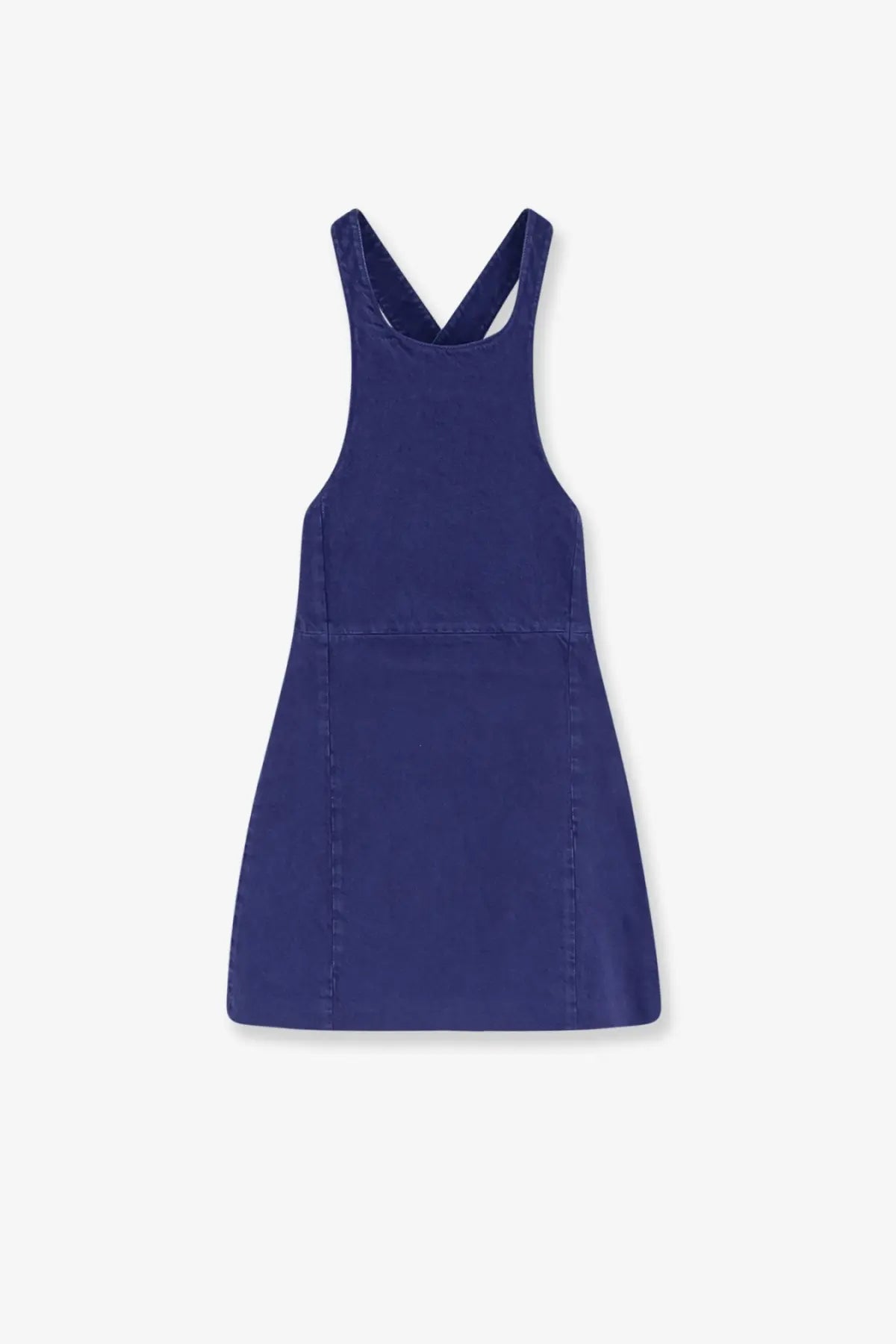 Navy blue denim pinafore dress by Miu Miu with crossed shoulder straps and front patch pocket in Inchiostro color