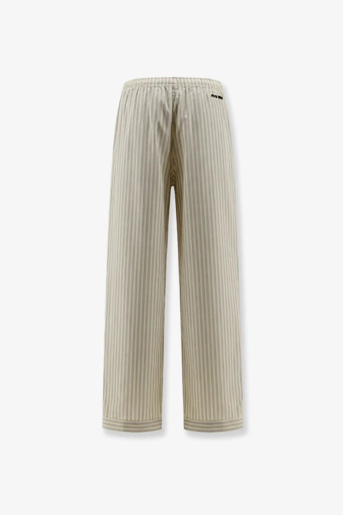 Miu Miu women’s white striped cotton pajama pants with beige and gray vertical wide-leg stripes and elastic waistband