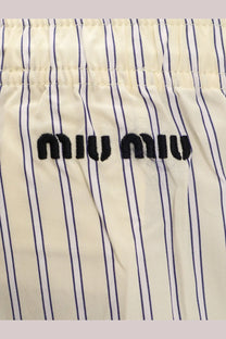 Miu Miu women’s cream cotton pajama shorts with navy blue vertical stripes and a black embroidered logo