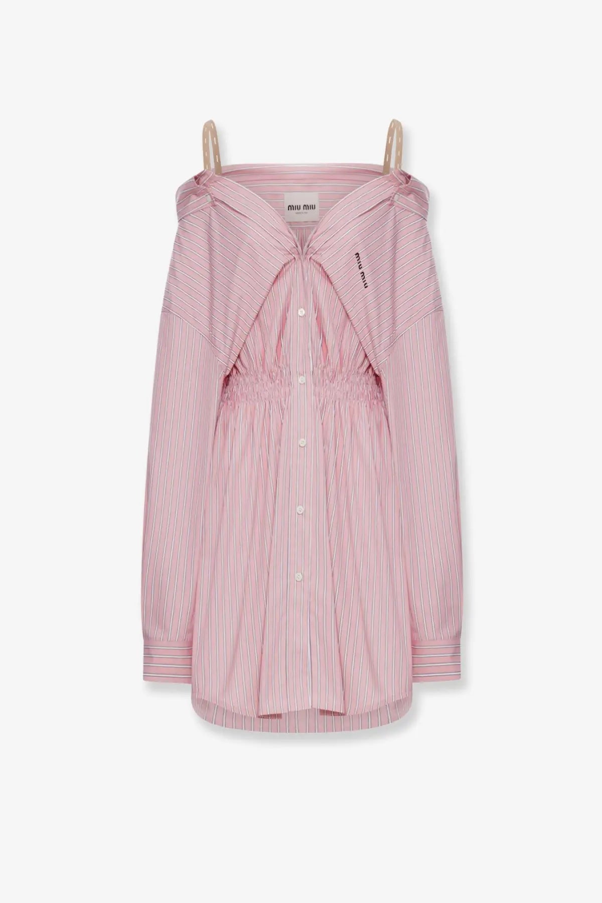Miu miu womens pink and white striped cotton off the shoulder shirt dress with gathered waist