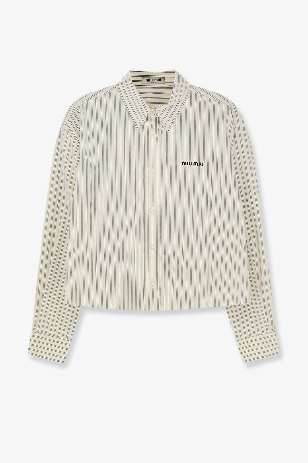 A cream-colored miu miu women’s button-down cotton shirt with thin black vertical stripes and a small chest logo