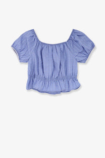 Miu Miu women’s striped cotton top in blue featuring a light blue and white plaid off-the-shoulder crop design with puffed sleeves and ruffled hem