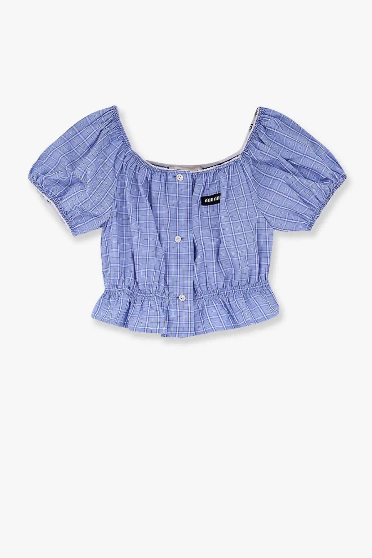 Miu Miu women’s blue and white checkered cotton off-the-shoulder cropped blouse with puffed sleeves and ruffled hem