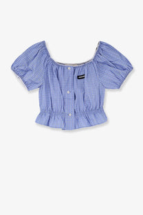 Blue and white checkered off-the-shoulder cropped blouse with puffed sleeves and ruffled hem by miu miu cotton