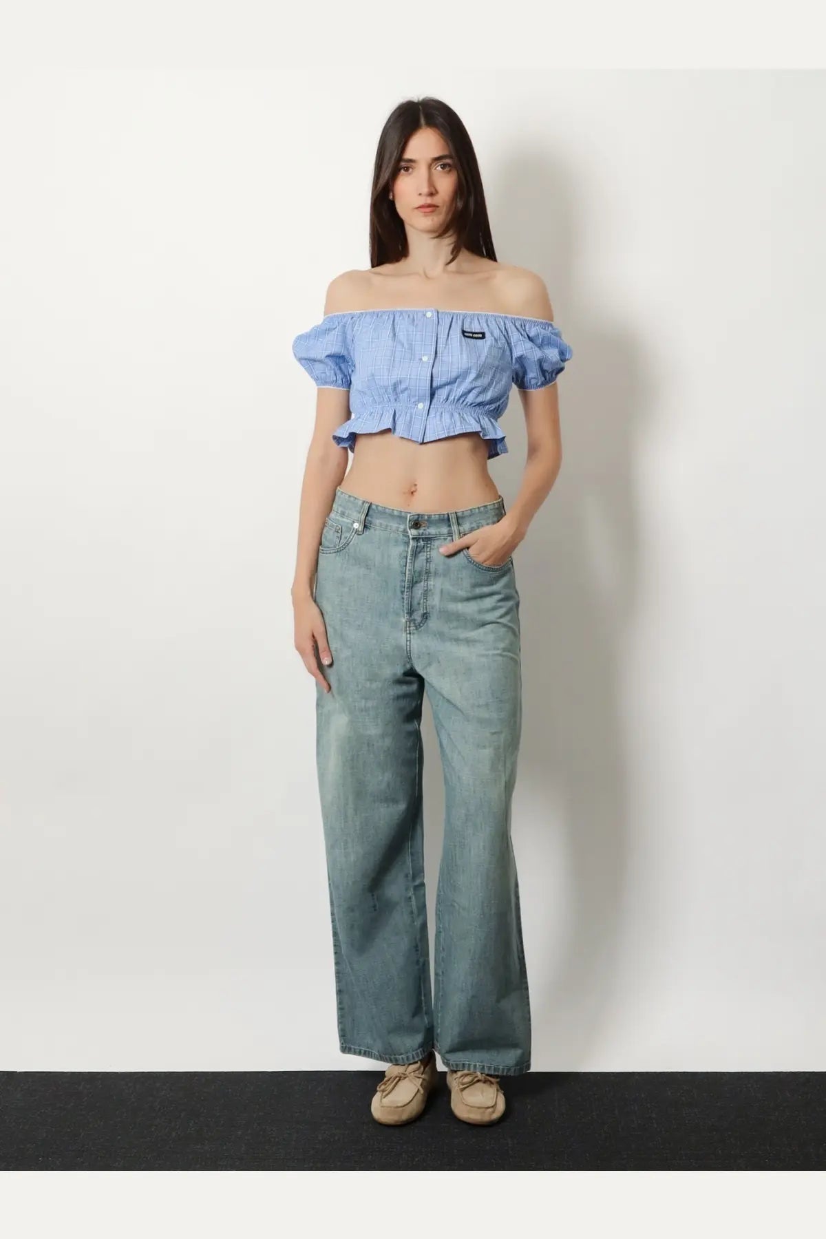 Miu Miu women’s blue and white striped cotton off-the-shoulder cropped blouse with puffed sleeves