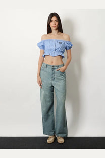 Miu Miu women’s blue and white striped cotton off-the-shoulder cropped blouse with puffed sleeves
