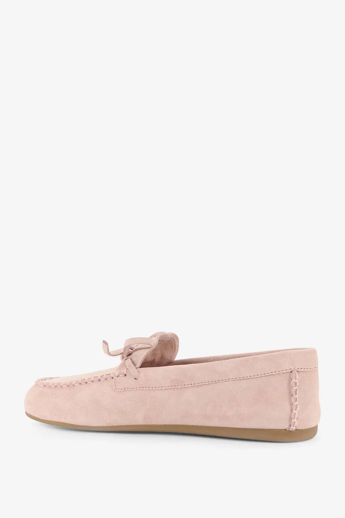 Miu Miu women’s soft pink suede loafer pesco moccasin with tied bow detail and light brown rubber sole