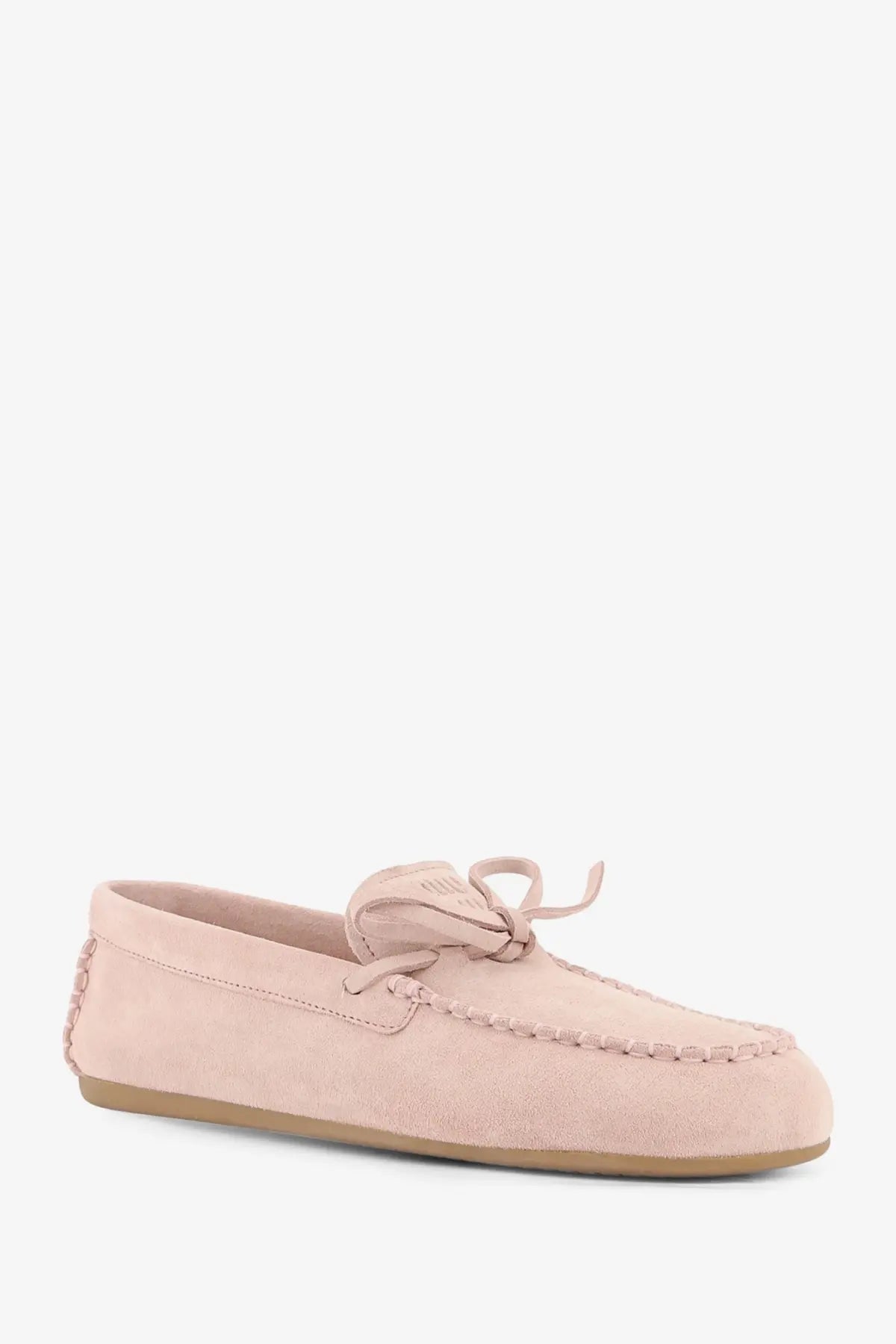 Miu Miu women’s soft pink suede loafer pesco with tied lace detail and stitched trim moccasin style