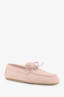 Miu Miu women’s soft pink suede loafer pesco with tied lace detail and stitched trim moccasin style