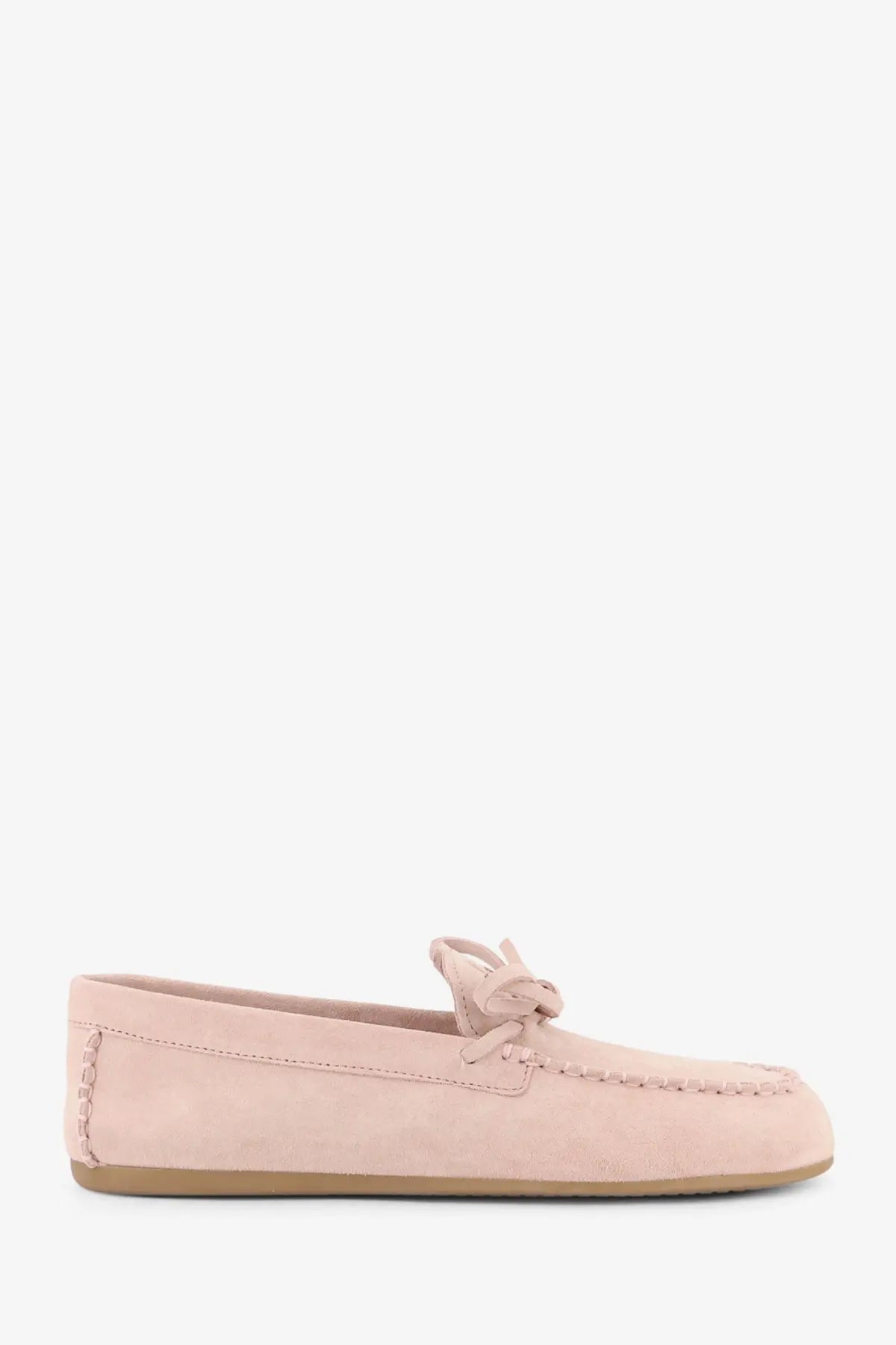 Miu Miu women’s soft pink suede loafer with tied bow detail and light brown rubber sole moccasin style shoes