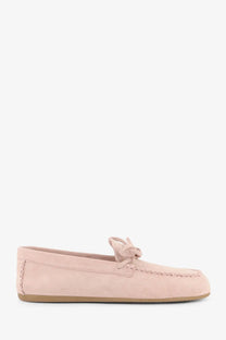 Miu Miu women’s soft pink suede loafer with tied bow detail and light brown rubber sole moccasin style shoes