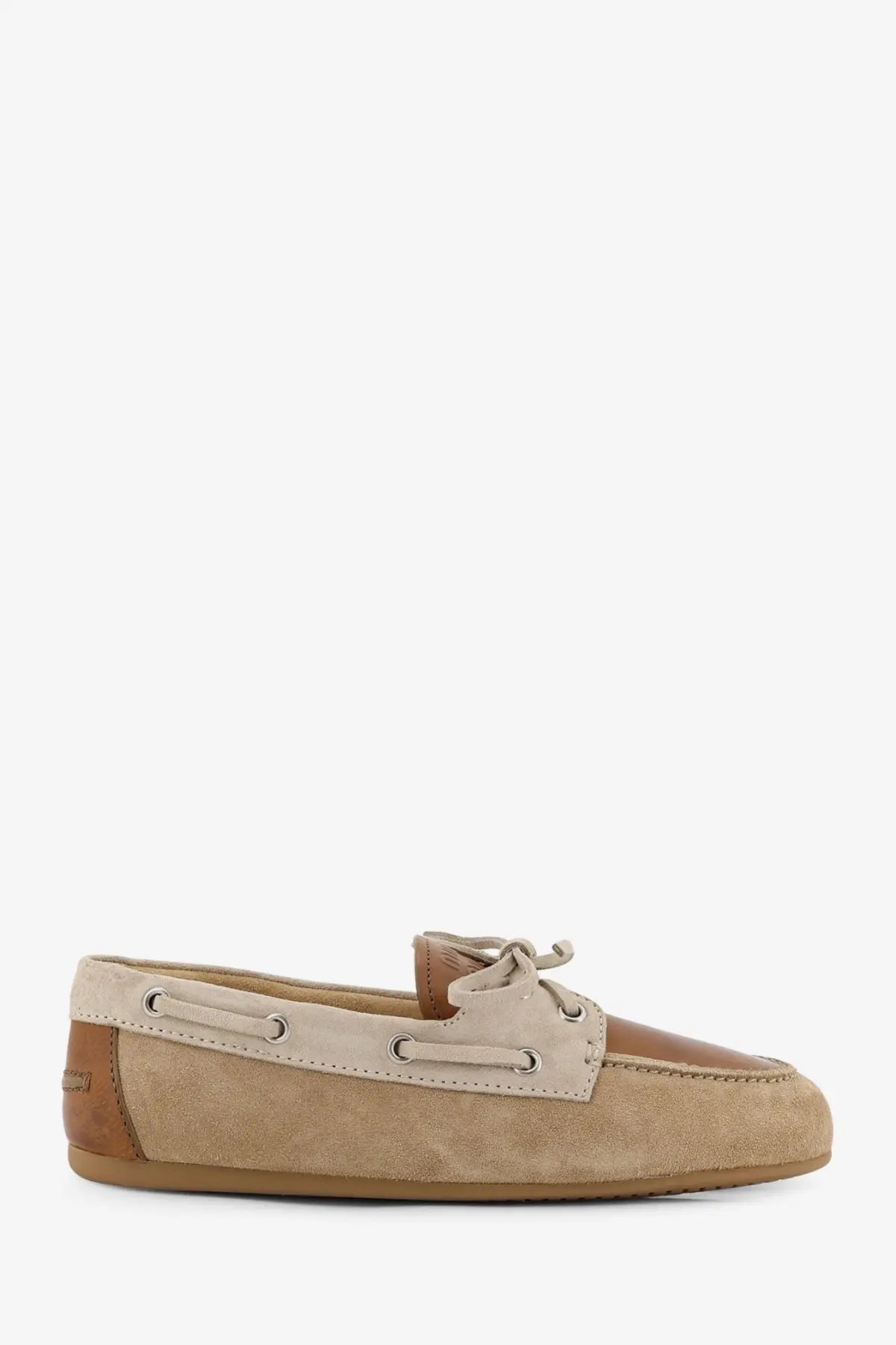 Miu Miu women’s suede loafer in beige with tan leather accents and classic lace-up design boat shoe style