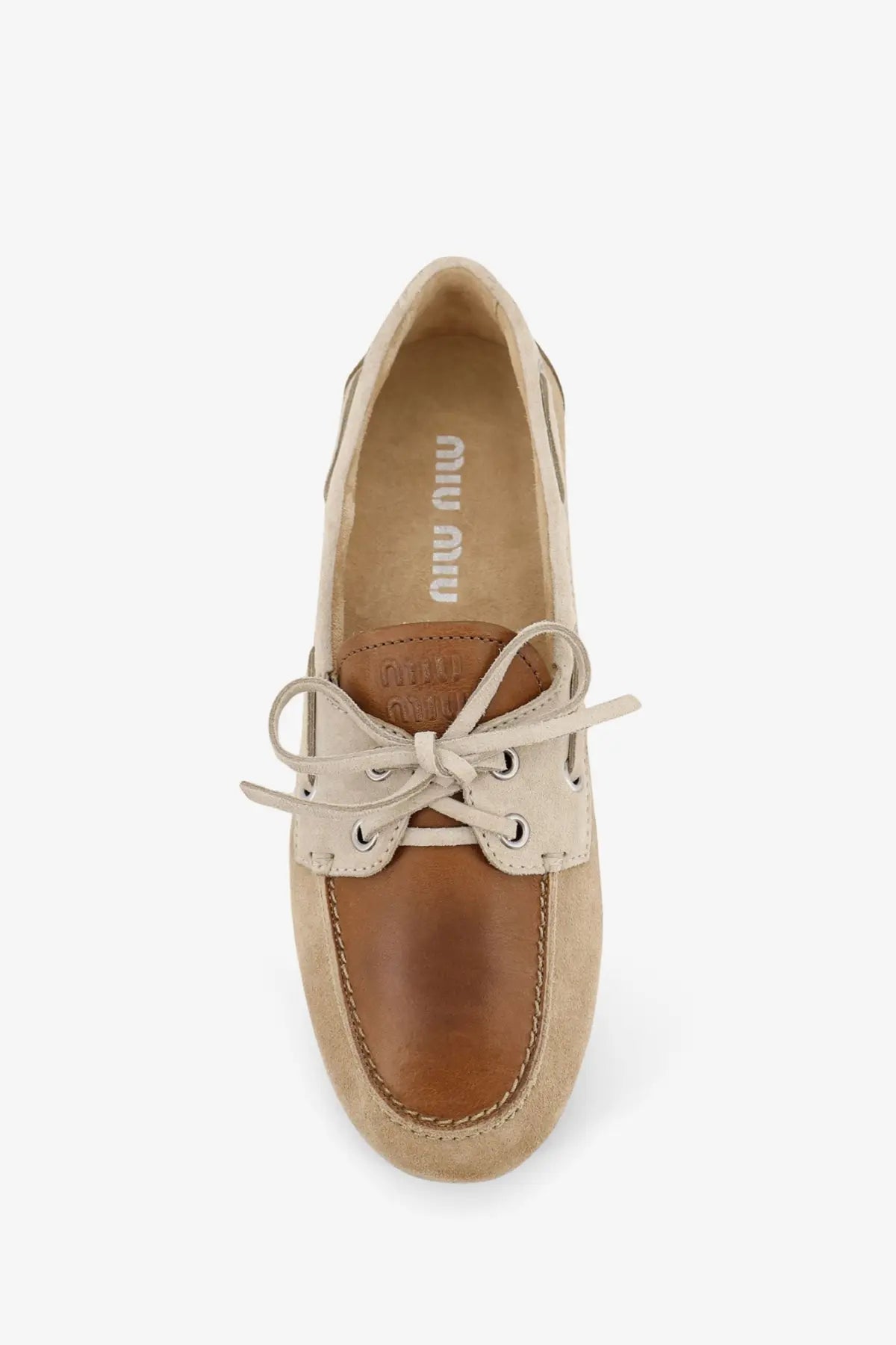 Beige and tan suede boat shoe with lace-up front in miu miu women’s suede loafer white collection