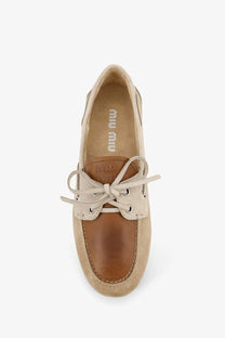 Beige and tan suede boat shoe with lace-up front in miu miu women’s suede loafer white collection