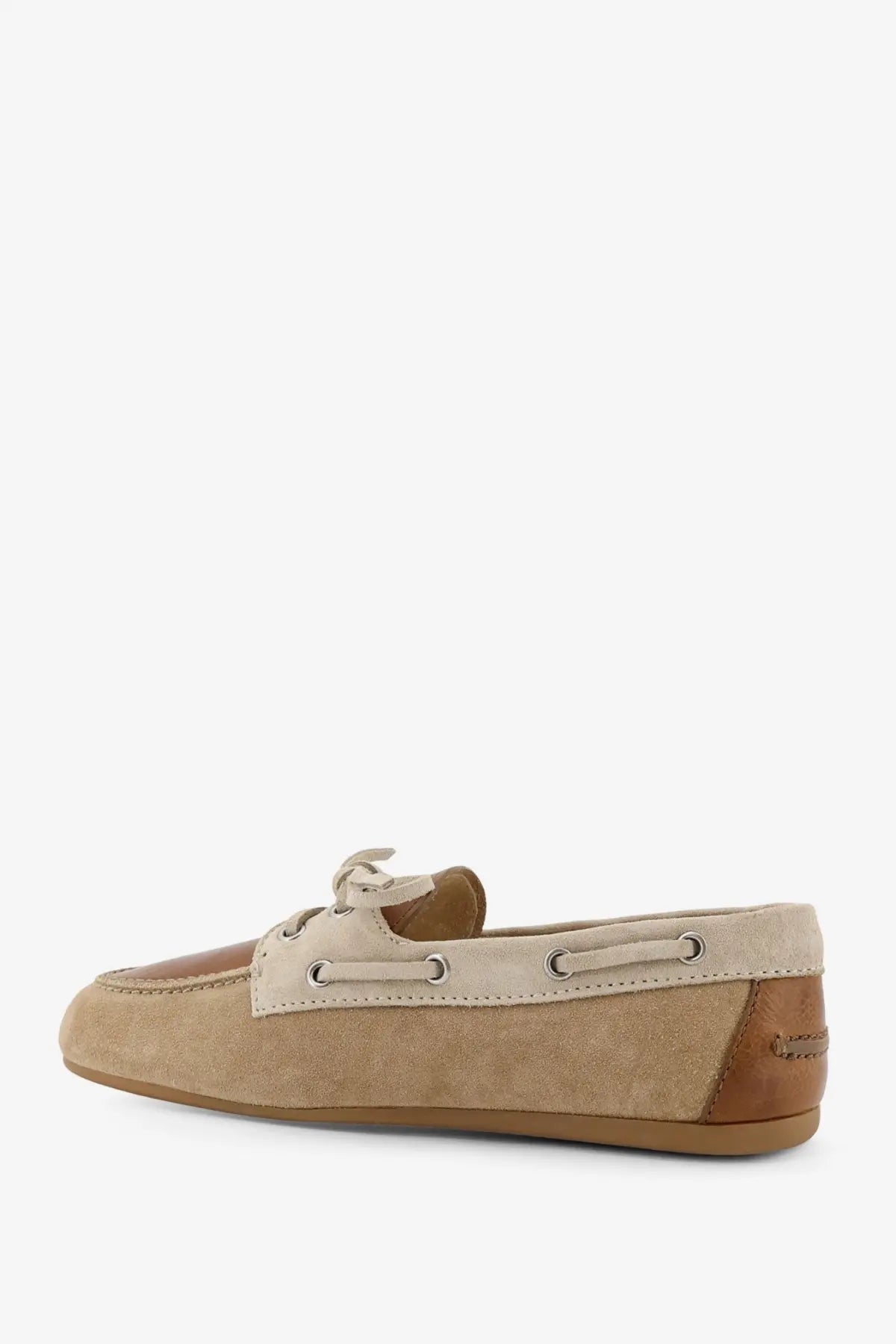 Miu Miu women’s beige suede loafer with tan leather classic lace-up boat shoe design in white color