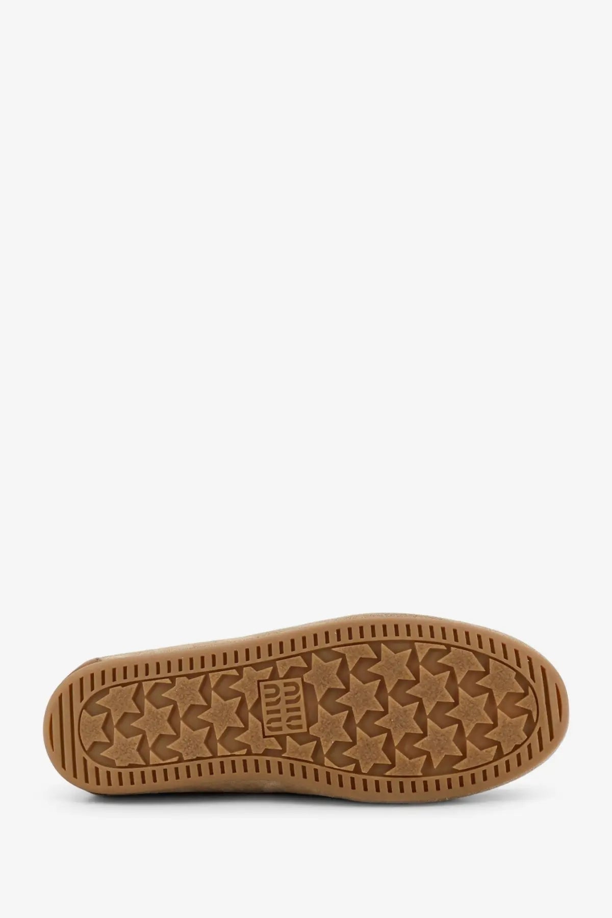 Brown rubber sole with star pattern and puma logo embossed on miu miu women’s white suede loafer back side